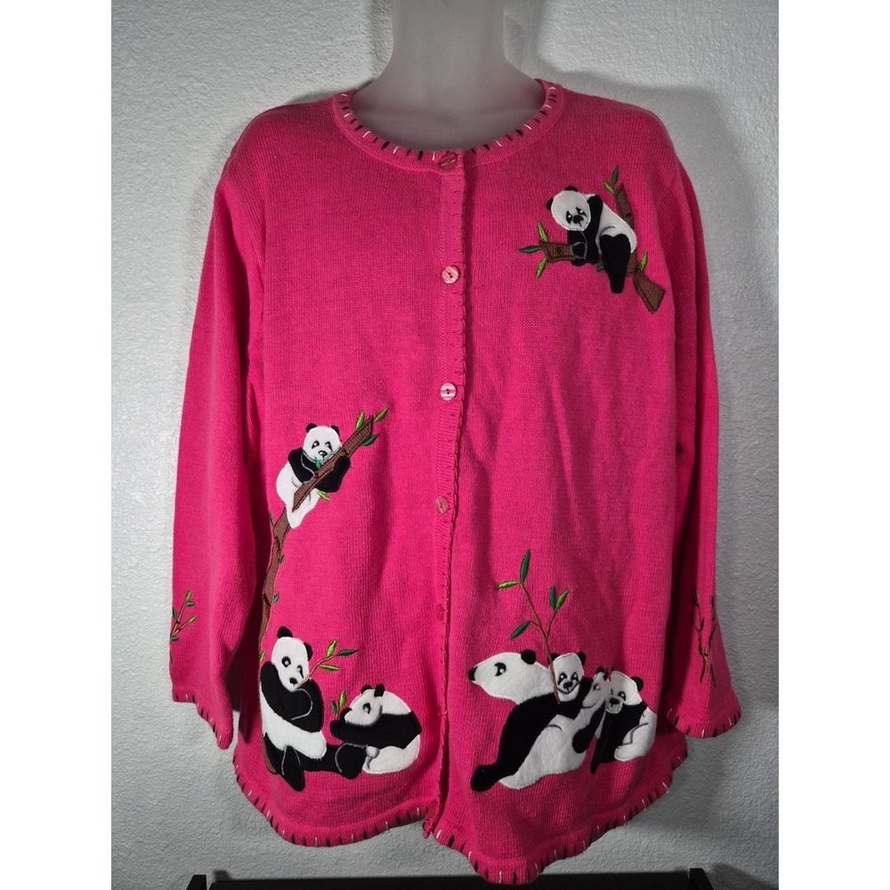 Quacker Factory Pink Button-Up Cardigan Sweater Panda Bears Size 2X